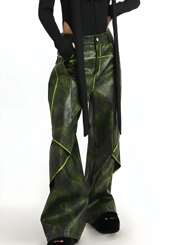 Cyberpunk Forest Faux Leather Pants - Y2K Grunge Aesthetic Outfit