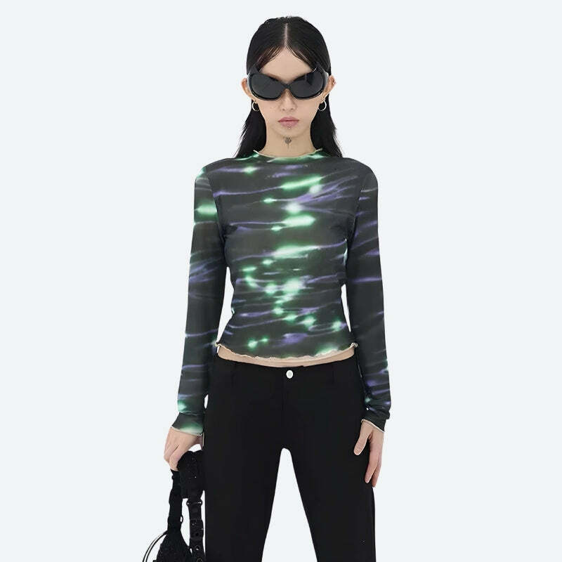 Cyberpunk Green Lights Mesh Top - Y2K Aesthetic Cute Top for Grunge Style