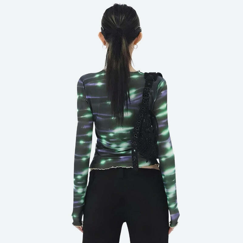 Cyberpunk Green Lights Mesh Top - Y2K Aesthetic Cute Top for Grunge Style