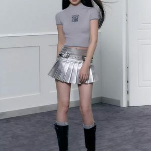 Cyberpunk Metallic Mini Skirt - Y2K Fashion, Grunge Aesthetic, Cute Tops