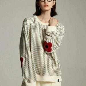 Daisy Embroidered Striped Y2K Sweatshirt - Cute Tops for Coquette Aesthetic