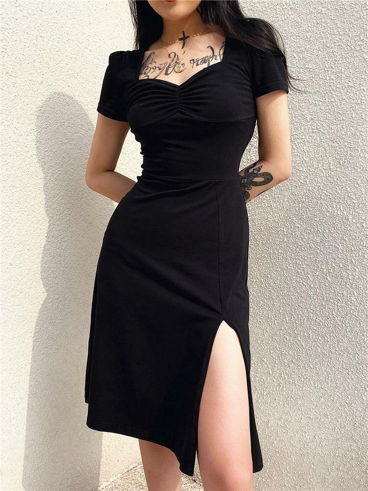 Dark Academia Leg Split Midi Dress - Y2K Aesthetic & Grunge Style