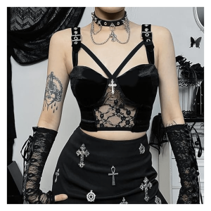 Dark Goth Velvet Crop Top - Y2K Fashion, Grunge Aesthetic, Cute Tops