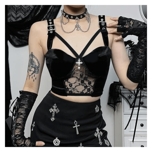 Dark Goth Velvet Crop Top - Y2K Fashion, Grunge Aesthetic, Cute Tops