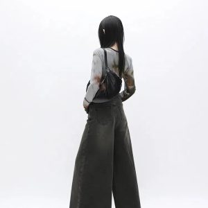 Dark Wash Distressed Wide Leg Jeans - Y2K Fashion & Grunge Aesthetic