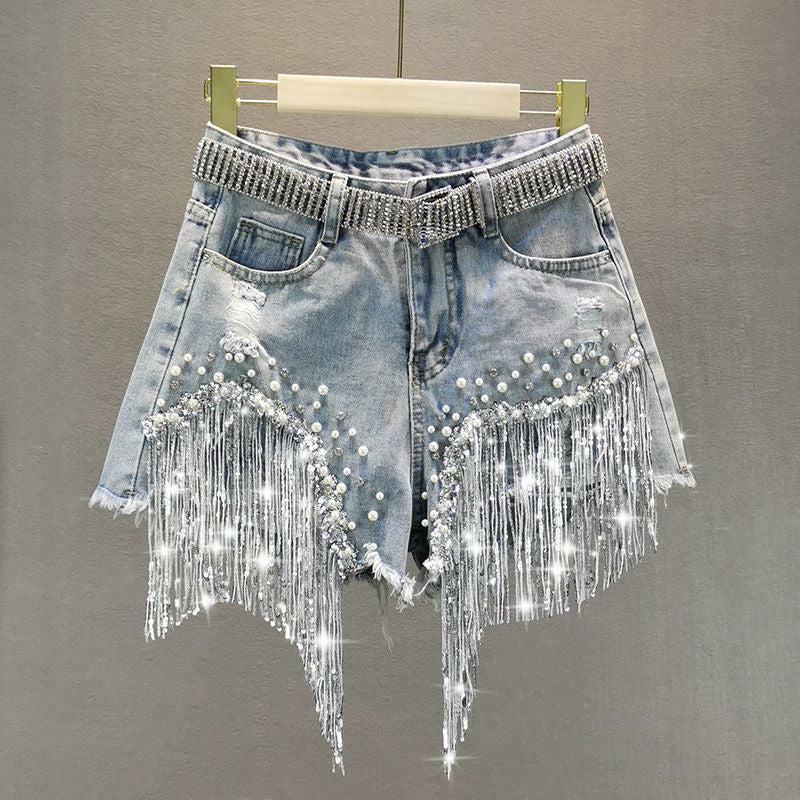 Disco Cowgirl Rhinestone Fringe Denim Shorts - Y2K Aesthetic Outfit