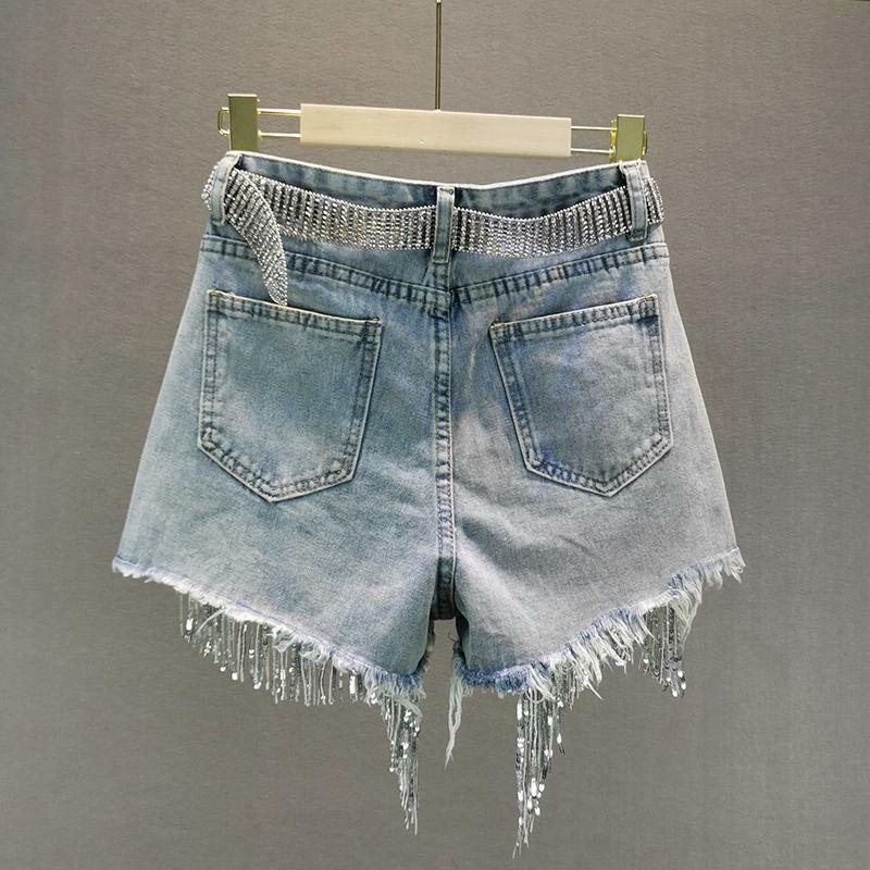 Disco Cowgirl Rhinestone Fringe Denim Shorts - Y2K Aesthetic Outfit