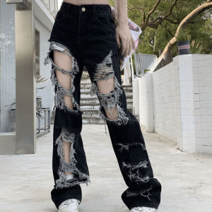 Distressed Black Y2K Jeans for Grunge Aesthetic & Coquette Style