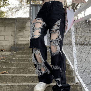 Distressed Black Y2K Jeans for Grunge Aesthetic & Coquette Style