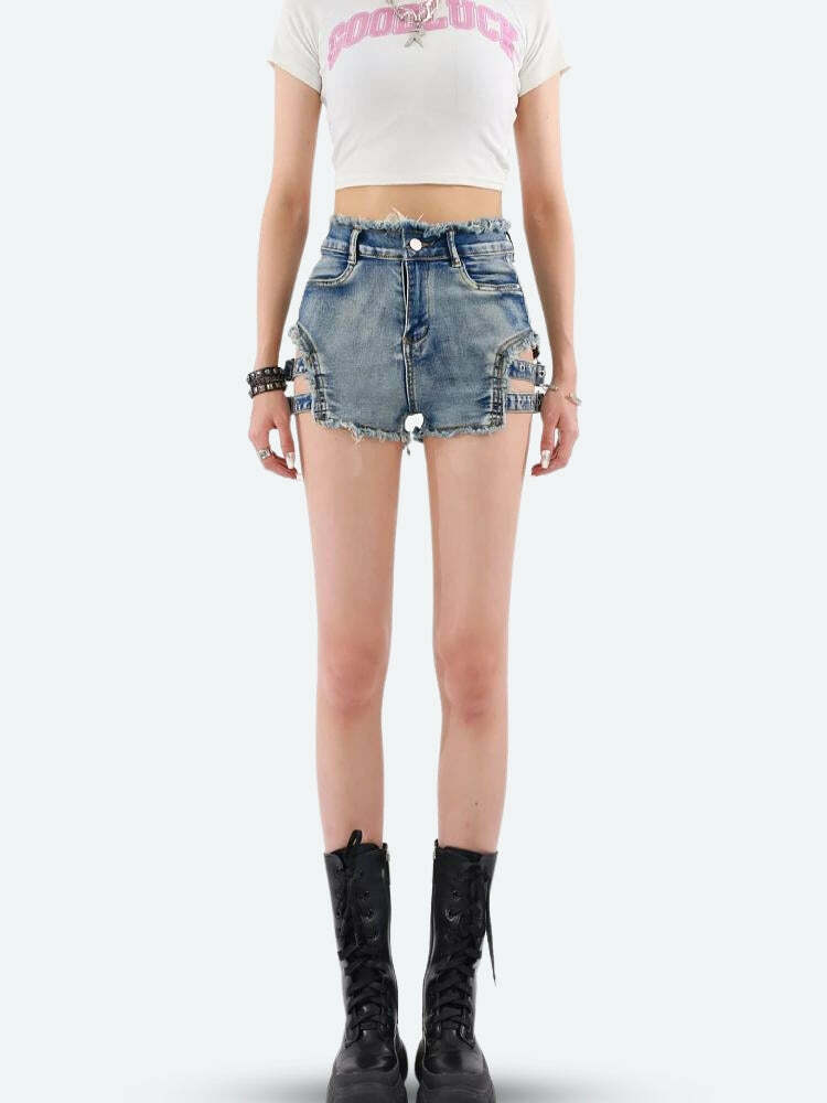 Distressed Cut Out Denim Shorts - Y2K Fashion, Grunge Aesthetic, Cute Tops