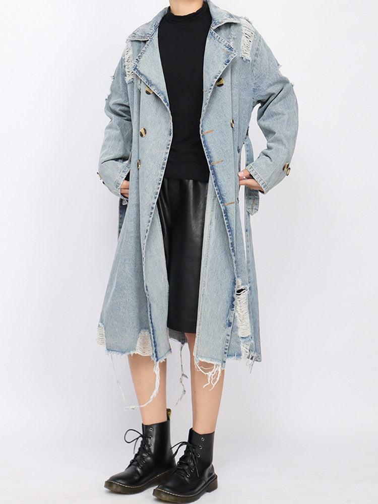 Distressed Denim Trench Coat - Y2K Fashion Meets Grunge Aesthetic Style