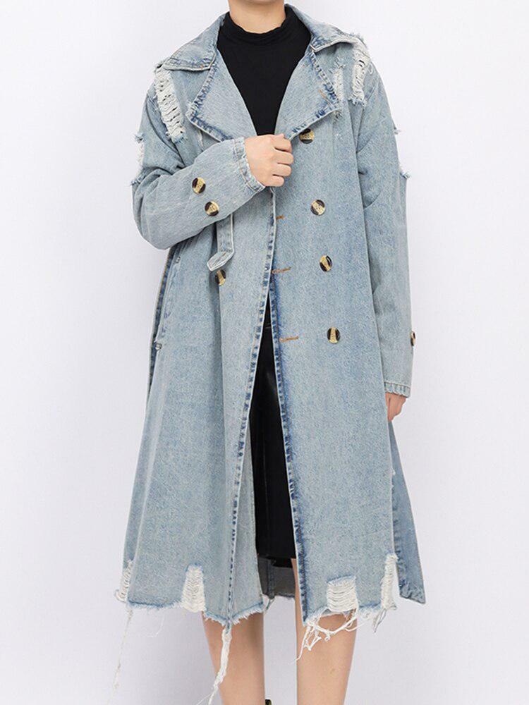 Distressed Denim Trench Coat - Y2K Fashion Meets Grunge Aesthetic Style