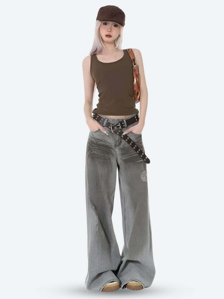 Distressed Wide Leg Jeans - Y2K Fashion, Grunge Aesthetic, Cute Tops