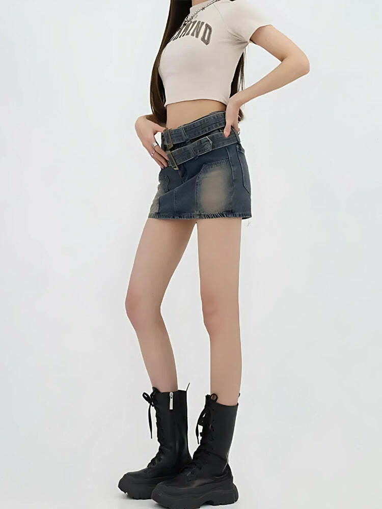 Double Belted Denim Mini Skort - Y2K Fashion, Grunge Aesthetic, Cute Tops