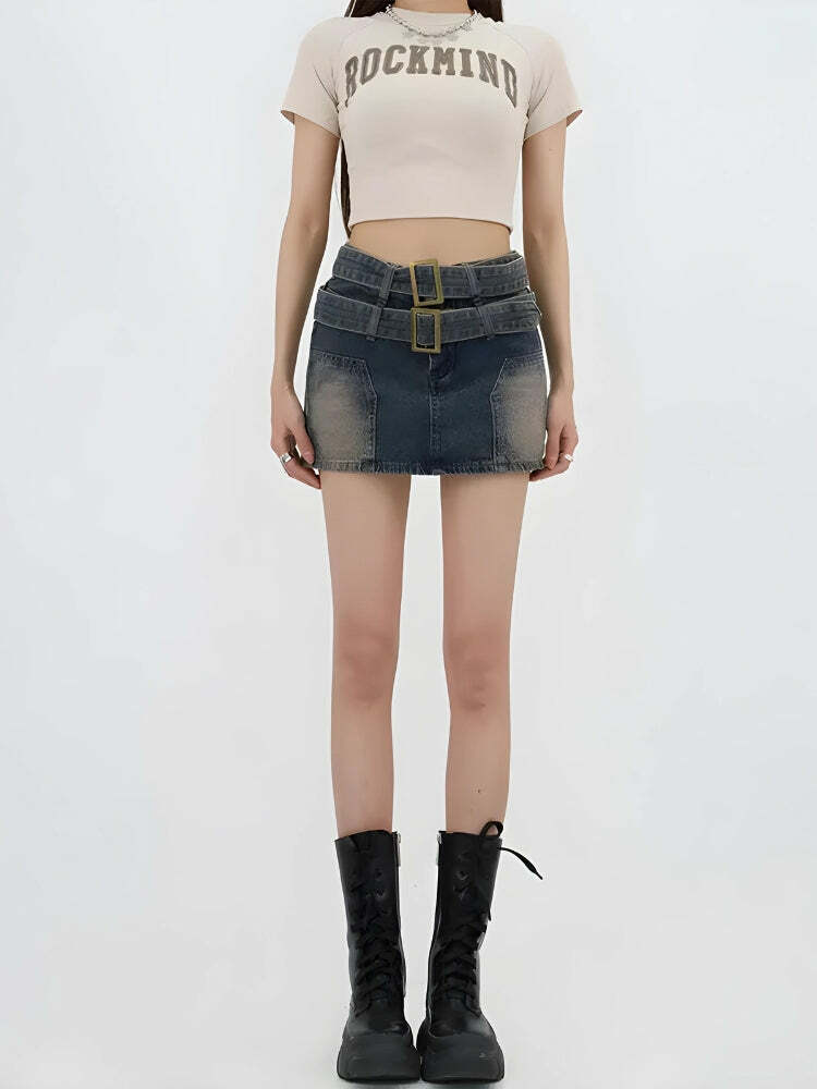 Double Belted Denim Mini Skort - Y2K Fashion, Grunge Aesthetic, Cute Tops