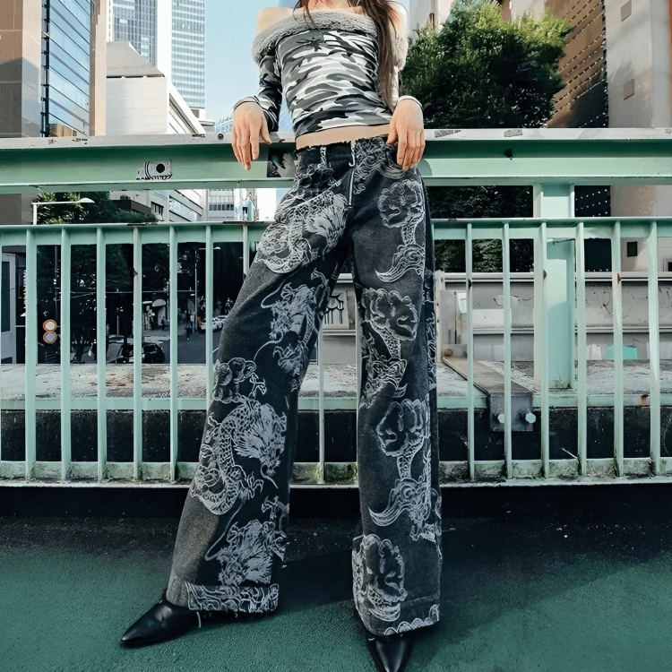 Dragon Printed Y2K Jeans - Grunge Aesthetic & Cute Tops Essential