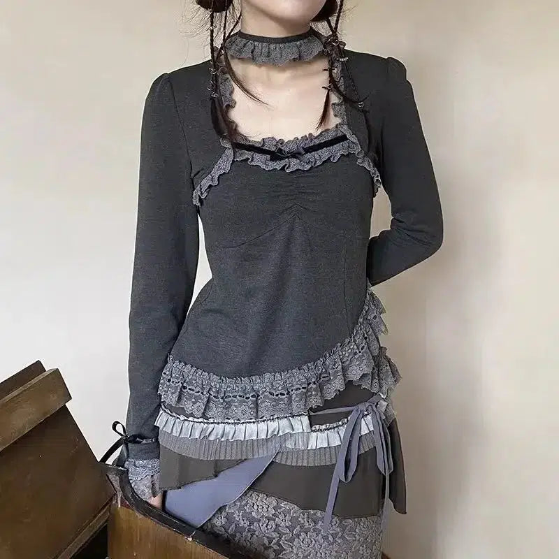 Fairy Grunge Asymmetric Lace Top - Y2K Aesthetic Cute Top for Unique Style