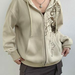 Fairy Grunge Floral Zip-Up Hoodie - Y2K Aesthetic Cute Top for Fall