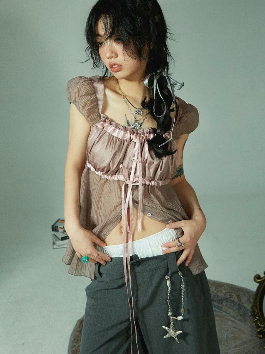 Fairy Grunge Sheer Ruched Top - Y2K Aesthetic Cute Top for Stylish Looks