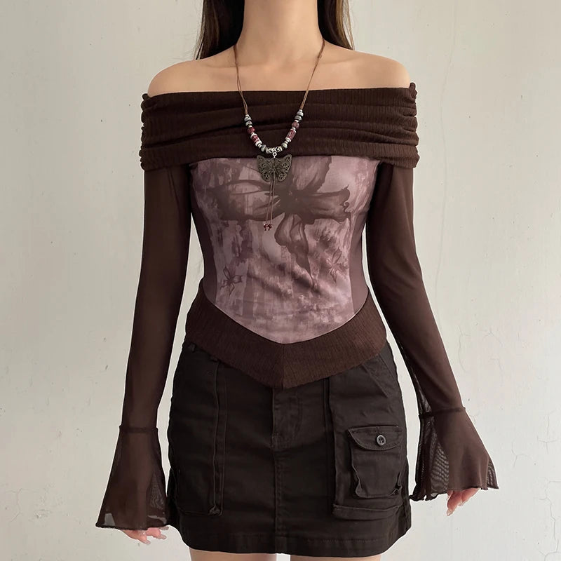 Fairycore Butterfly Ruched Off Shoulder Top - Y2K Aesthetic Cute Top