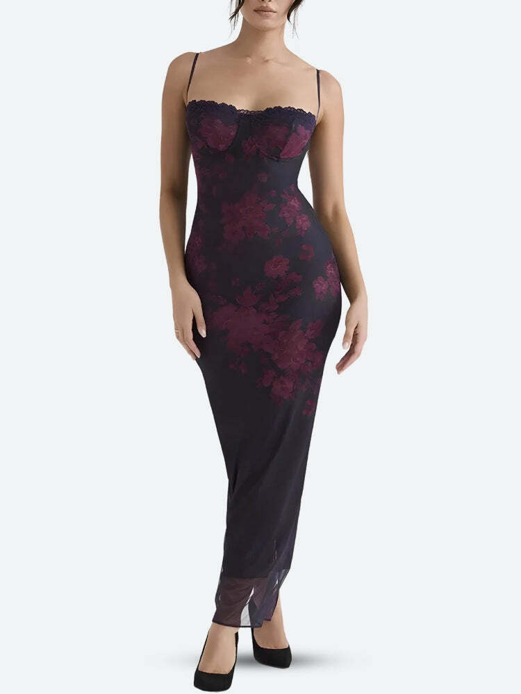 Floral Lace-Up Mesh Maxi Dress - Y2K Fashion & Coquette Aesthetic