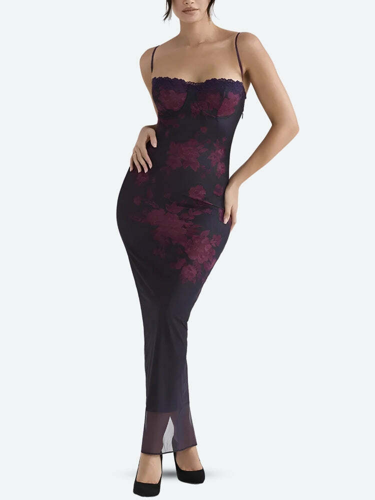 Floral Lace-Up Mesh Maxi Dress - Y2K Fashion & Coquette Aesthetic