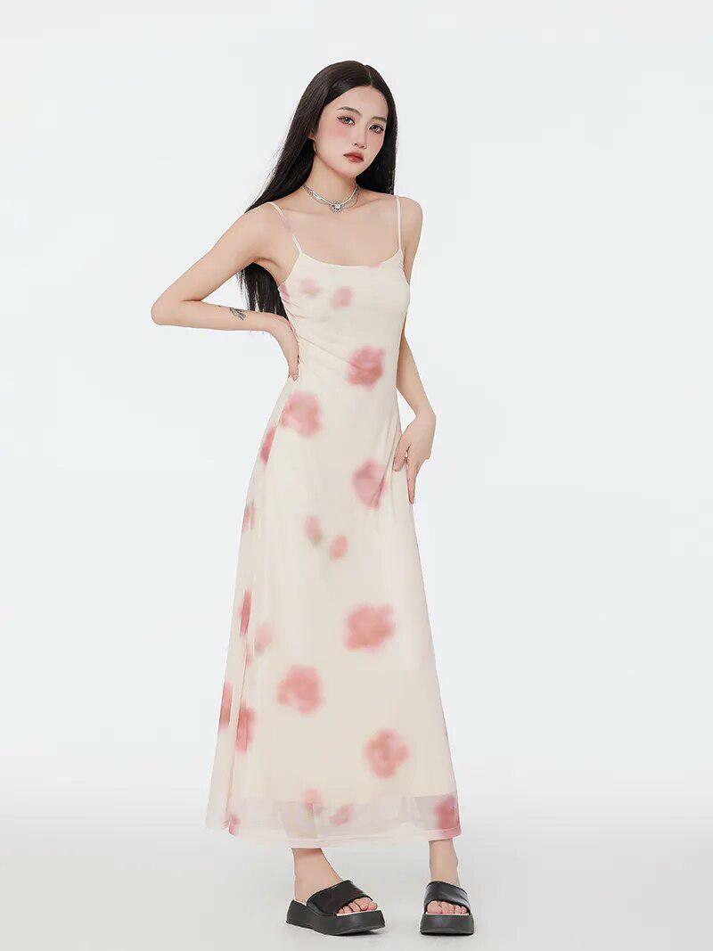 Floral Mesh Spaghetti Strap Maxi Dress - Y2K Aesthetic & Cute Tops