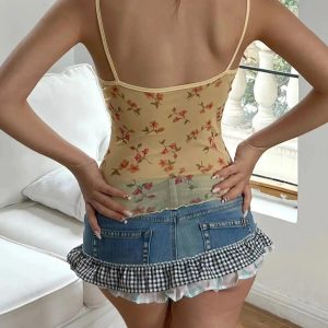 Floral Open Back Mesh Top - Y2K Fashion Cute Aesthetic Tops for Grunge Style