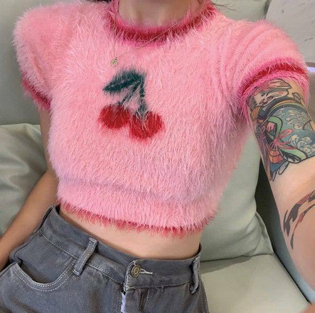 Fluffy Cherry Crop Top - Y2K Fashion, Cute Tops, Coquette Aesthetic