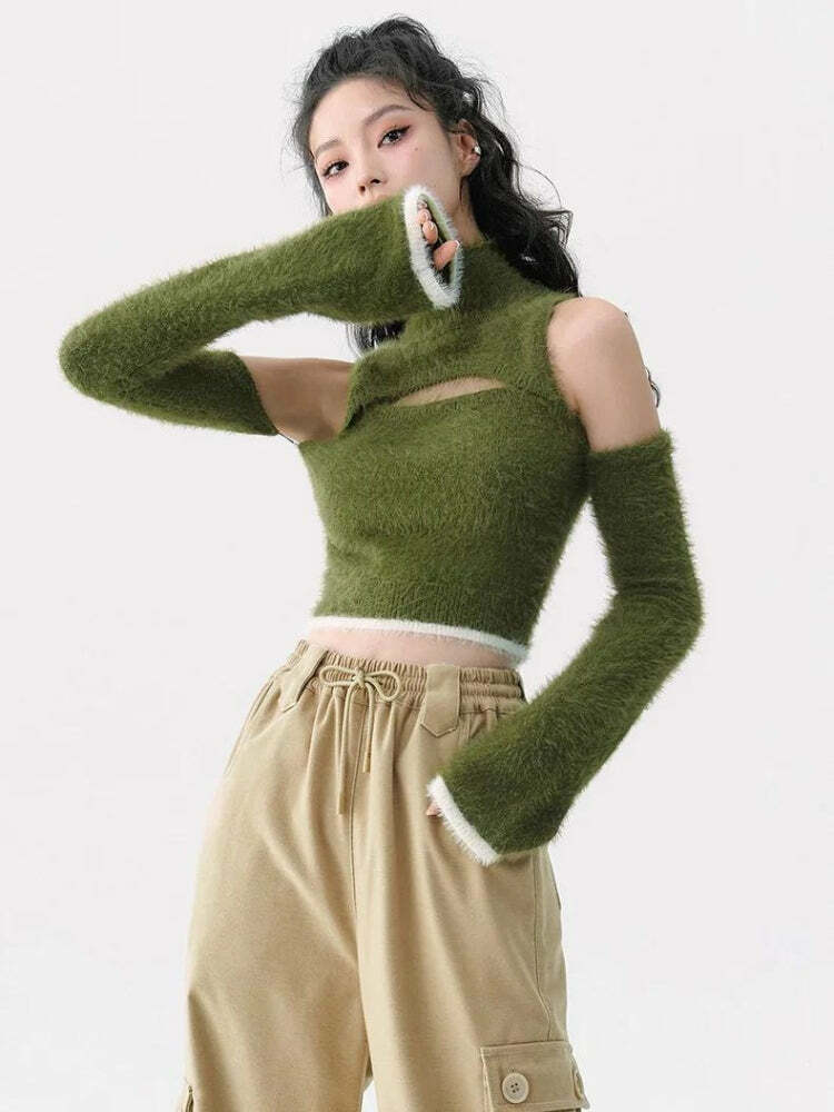 Fluffy Cut Out Crop Sweater Top - Y2K Fashion & Coquette Aesthetic