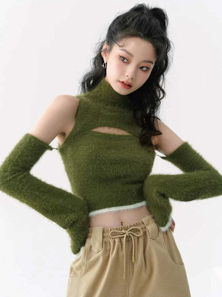 Fluffy Cut Out Crop Sweater Top - Y2K Fashion & Coquette Aesthetic