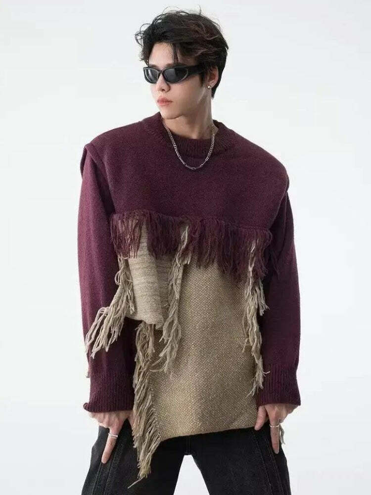 Fringe Patchwork Knitted Sweater - Y2K Aesthetic Cute Top for Fall