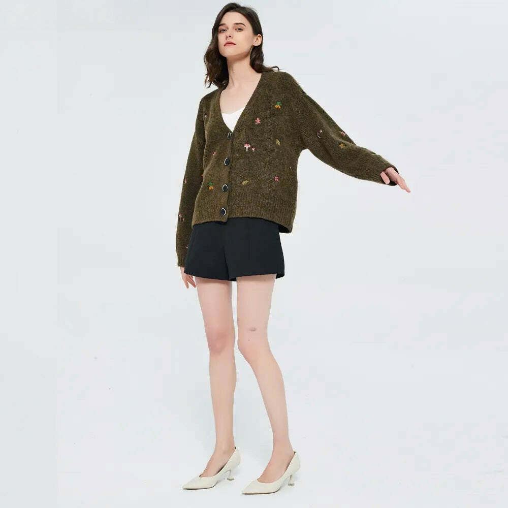 Goblincore Leaf Embroidery Cardigan - Y2K Aesthetic Cute Top for Fall