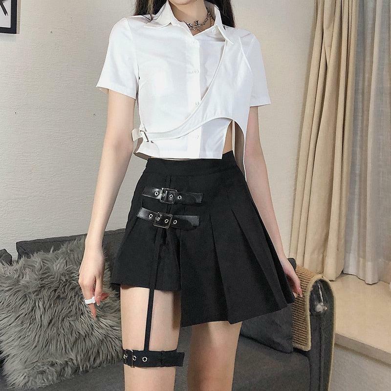 Goth Belt Detail Cargo Skirt - Y2K Grunge Aesthetic Cute Top Outfit