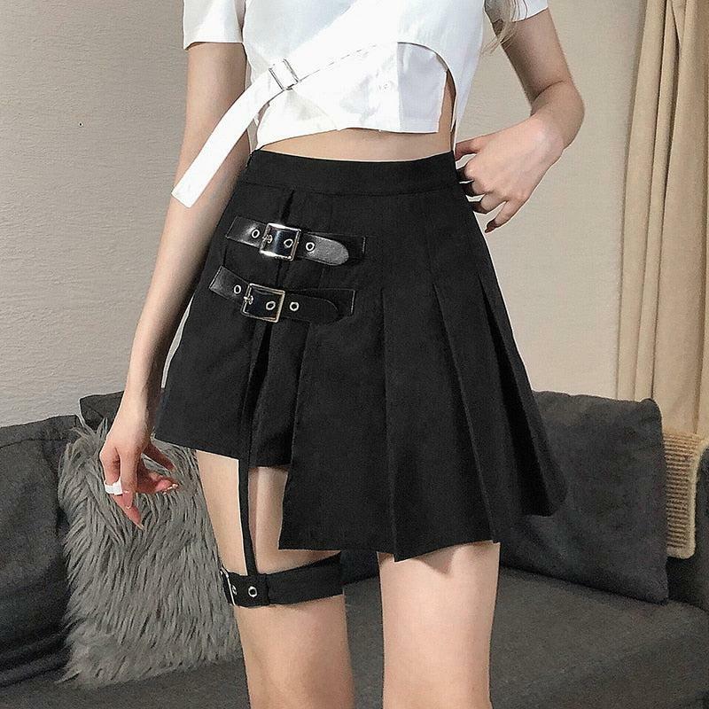 Goth Belt Detail Cargo Skirt - Y2K Grunge Aesthetic Cute Top Outfit