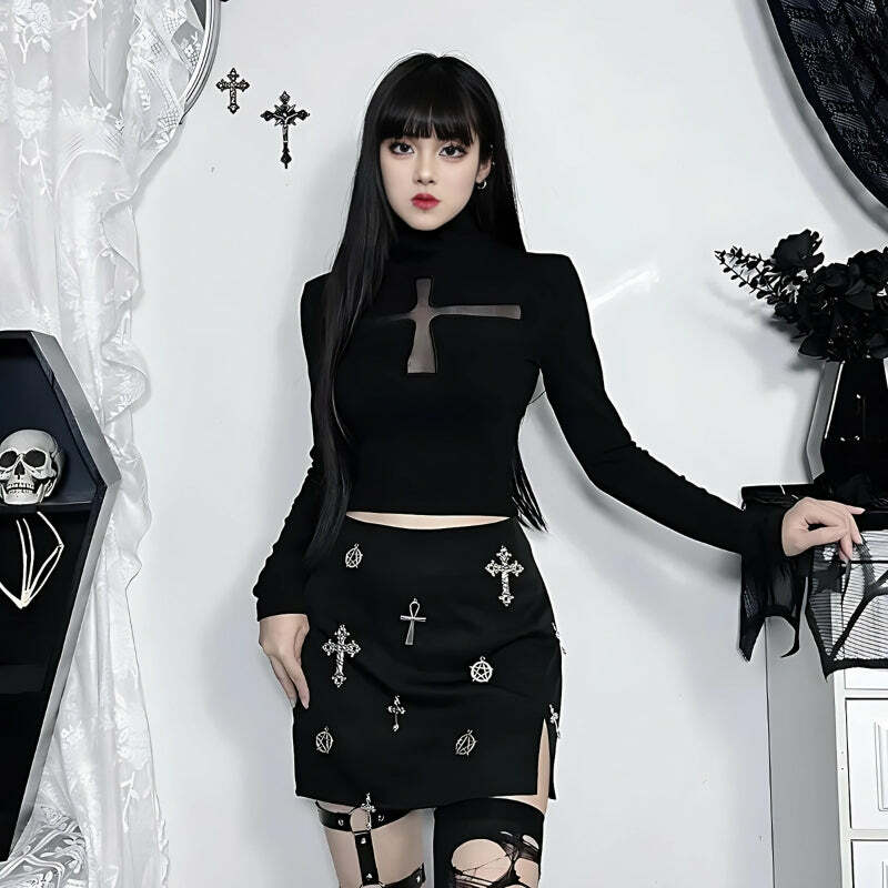 Goth Cross Cut Out Top - Y2K Fashion, Grunge Aesthetic, Cute Tops