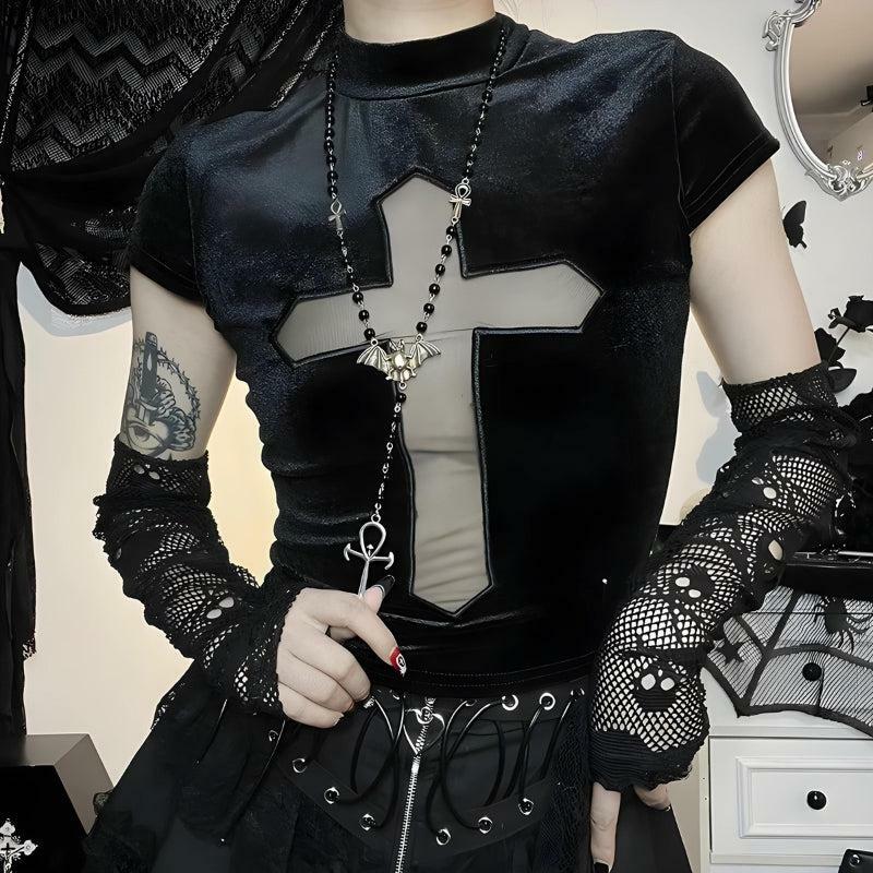 Goth Cross Cut Out Velvet Top - Y2K Fashion, Grunge Aesthetic, Cute Tops