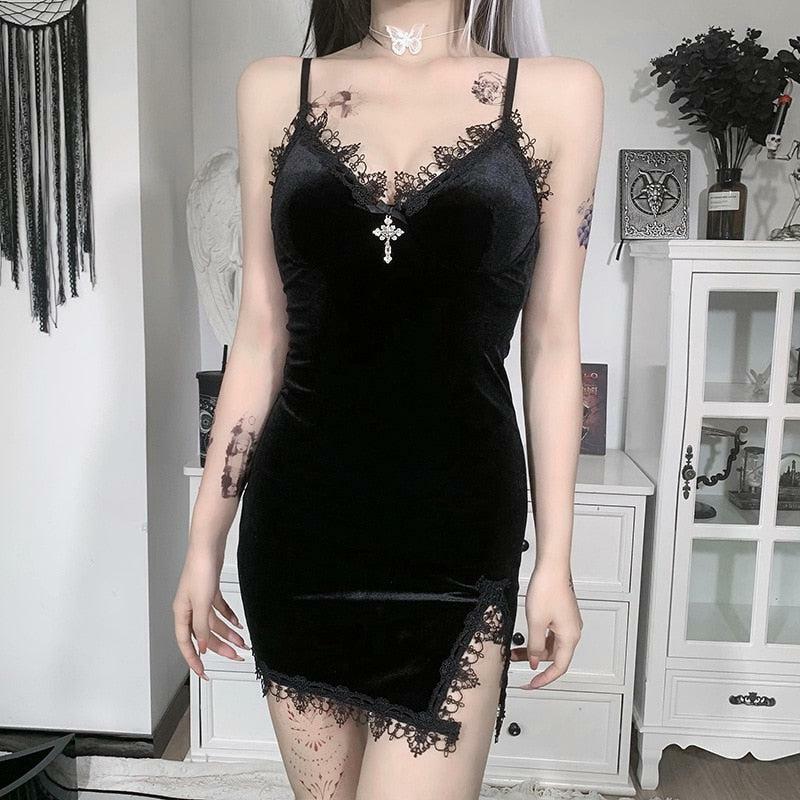 Goth Cross Detail Mini Dress - Y2K Aesthetic Cute Top for Grunge Style