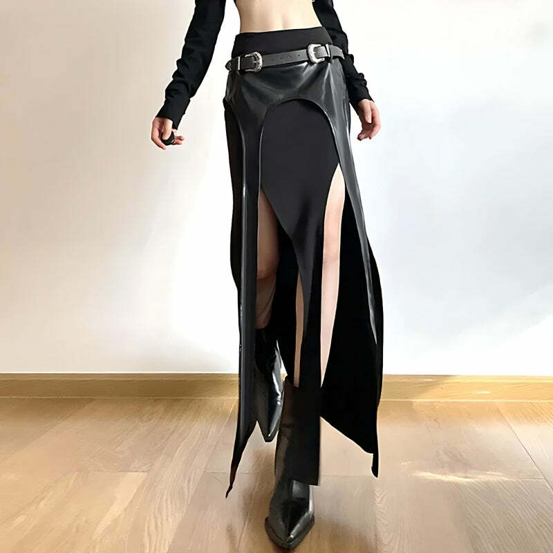 Goth Double Slit Maxi Skirt - Y2K Fashion, Grunge Aesthetic, Cute Tops