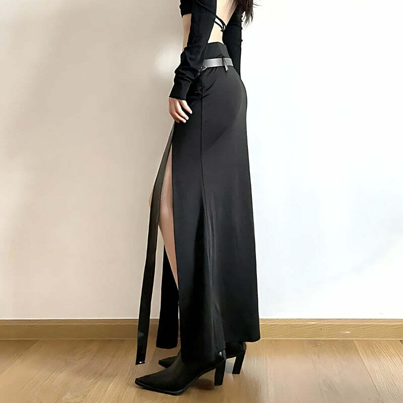 Goth Double Slit Maxi Skirt - Y2K Fashion, Grunge Aesthetic, Cute Tops