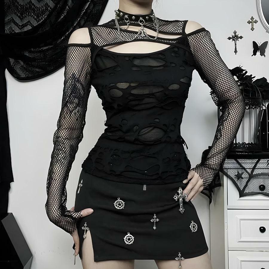 Goth Fishnet Ripped Top - Y2K Grunge Aesthetic Cute Layering Essential