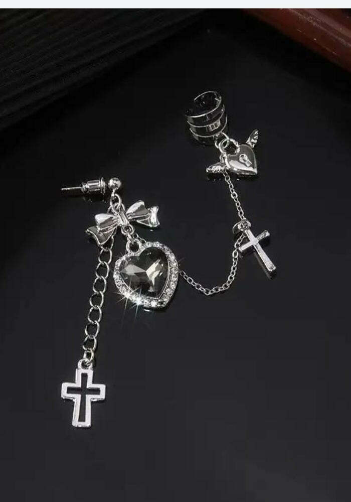 Goth Heart Cross Chain Earrings | Y2K Aesthetic Jewelry for Grunge Style