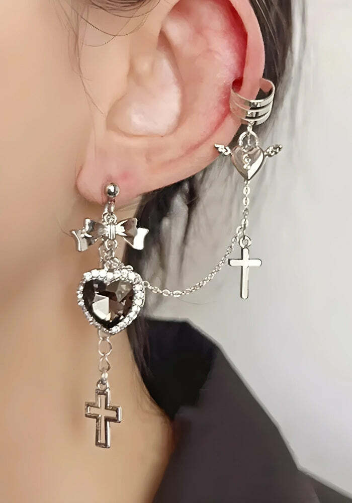 Goth Heart Cross Chain Earrings | Y2K Aesthetic Jewelry for Grunge Style