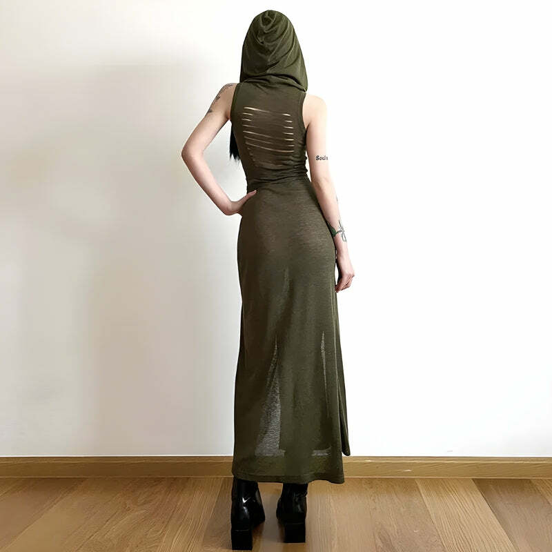 Goth Hooded Cut Out Back Midi Dress - Y2K Grunge Aesthetic Fashion