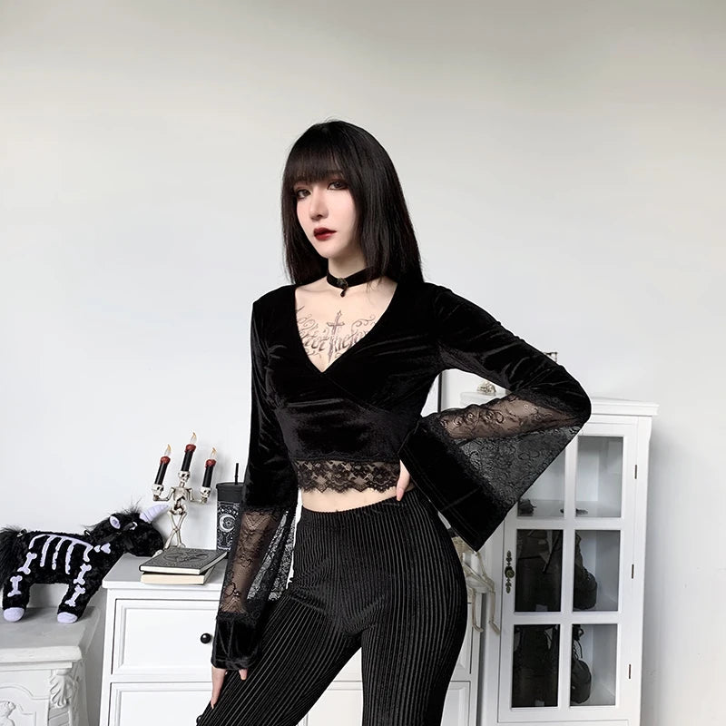 Goth Lace Flare Cuffs Crop Top - Y2K Fashion, Grunge Aesthetic, Cute Tops