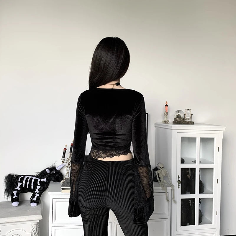 Goth Lace Flare Cuffs Crop Top - Y2K Fashion, Grunge Aesthetic, Cute Tops