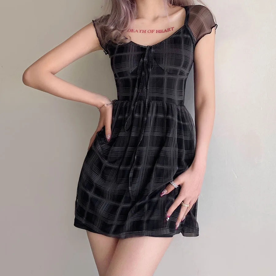 Goth Plaid Mini Dress - Y2K Fashion with Grunge Aesthetic & Cute Tops