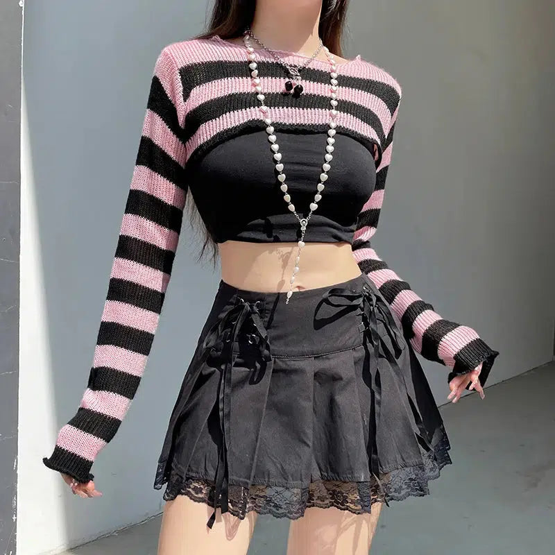 Goth Striped Knitted Shrug Sweater for Y2K Fashion & Aesthetic Outfits