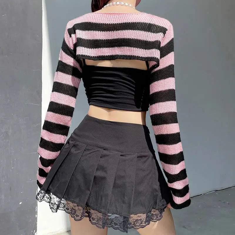 Goth Striped Knitted Shrug Sweater for Y2K Fashion & Aesthetic Outfits