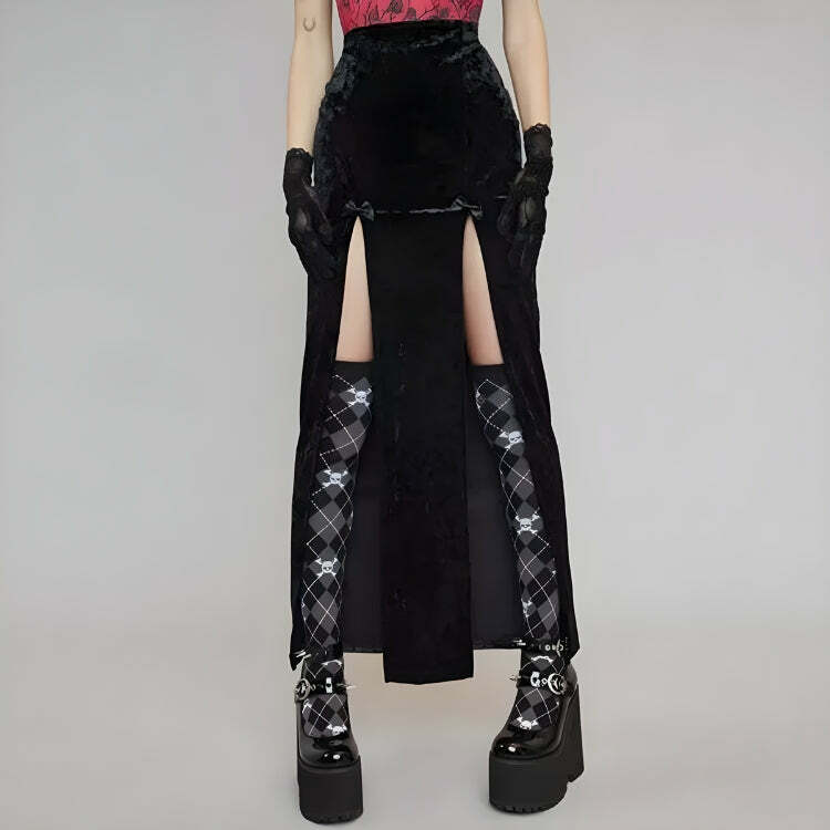 Goth Velvet High Split Midi Skirt - Y2K Grunge Aesthetic Fashion Piece